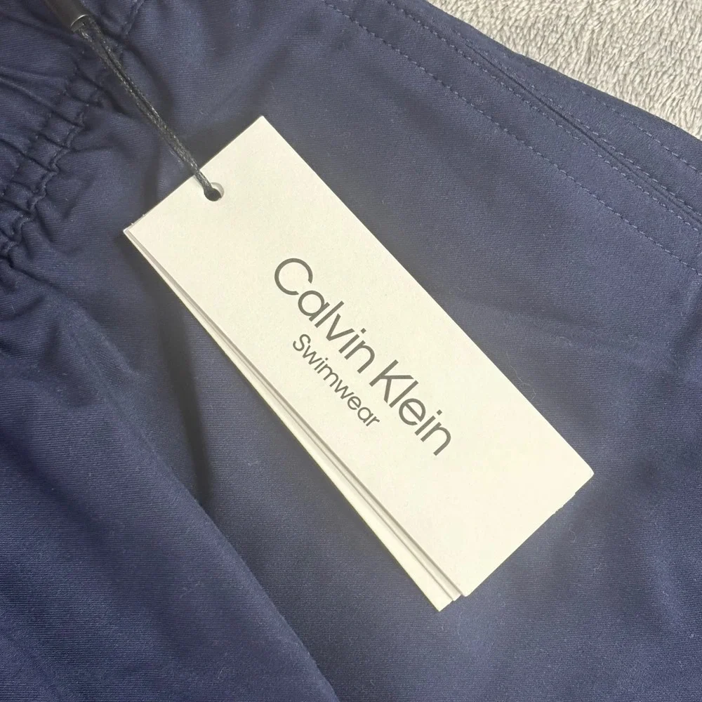 Calvin Klein Swim Trunks Men XXL Navy Blue Logo Graphic UPF 40+ CB3DP009 NWT